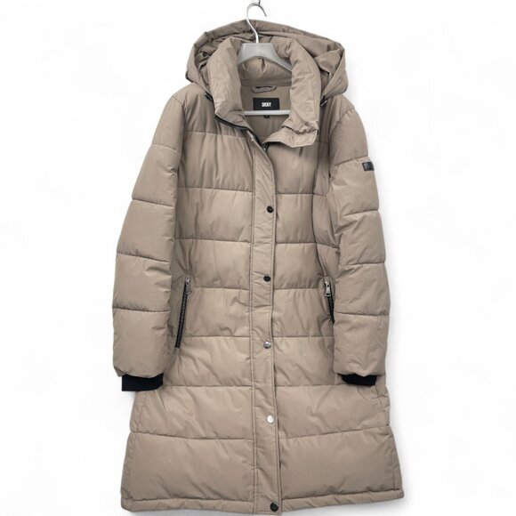DKNY Long Hooded Puffer Winter Coat Jacket Parka Women's XL Beige Removable Hood - Picture 2 of 11